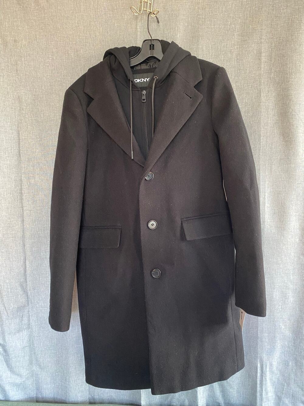 NWT DKNY Men's Hooded Wool Blend Overcoat Jacket Black Small DXS84619 MSRP $295
